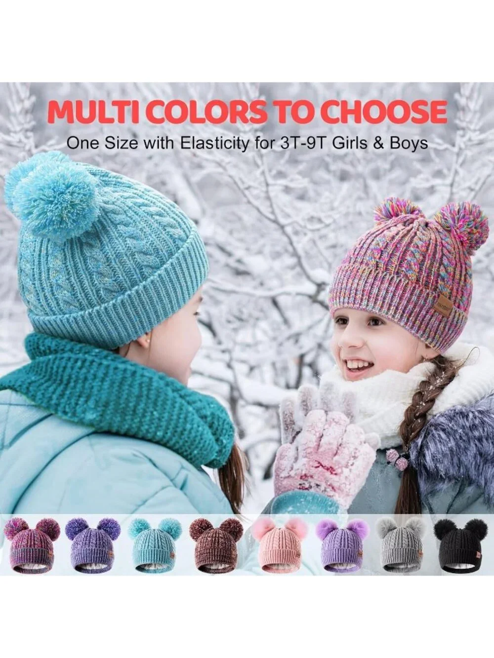 Women's Blue Elastic Birthday Winter Hats Kids Toddler Children Knit Fleece Cap